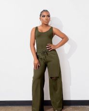 Plus Size Sleeveless Solid Color Holes Two Piece Pants Set YIM-00126