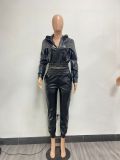 Sexy PU Leather Long Sleeve Casual Two Piece Pants Set NYF-8149