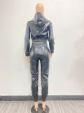 Sexy PU Leather Long Sleeve Casual Two Piece Pants Set NYF-8149