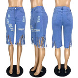 Plus Size Fashion Tassel Holes Seven Point Jeans PIN-6659
