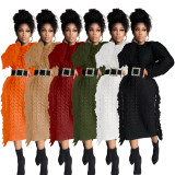 Solid Color Long Sleeve Tassel Sweater Midi Dress TR-1279
