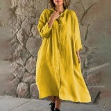 Plus Size Solid Color Stand Collar Button Up Long Dress GOFY-7008