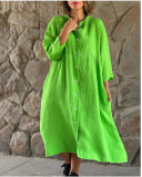 Plus Size Solid Color Stand Collar Button Up Long Dress GOFY-7008