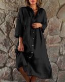 Plus Size Solid Color Stand Collar Button Up Long Dress GOFY-7008