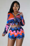 Print Long Sleeve Shirt And Shorts Two Piece Set ME-8433