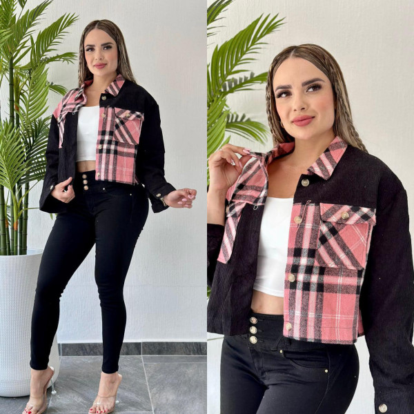 Plaid Patchwork Corduroy Casual Coat GYSF-6154