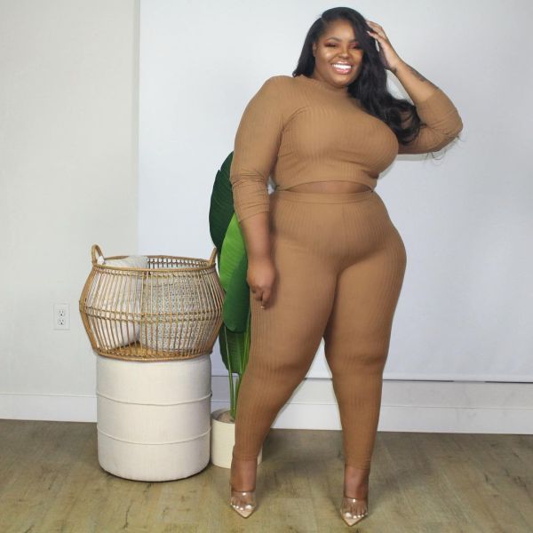 Plus Size Solid Color Rib Long Sleeve Two Piece Pants Set YIM-0097