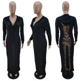 Solid Hooded Long Sleeve Split Hollow Out Maxi Dress YNB-7234
