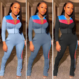 Casual Color Block Zipper Tops And Pants Two Piece Set YIM-0028