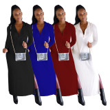 Solid Hooded Long Sleeve Split Hollow Out Maxi Dress YNB-7234