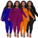 Plus Size Solid Long Sleeve T Shirts Two Piece Pants Set NNWF-7943