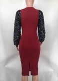 Sequin Sleeve Patchwork Midi Dress XMY-9460