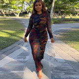 Plus Size Fashion Print Long Sleeve Fishtail Dress NY-2857