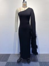 Feather Patchwork Split Slash Shoulder Sleeve Maxi Dress NY-2855