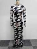 Plus Size Fashion Print Long Sleeve Fishtail Dress NY-2857