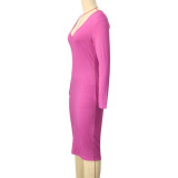 Solid Color Long Sleeve Casual Midi Dress SH-390818