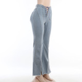 Fashion Hollow Out Tie Up Split Straight Jean FL-23007