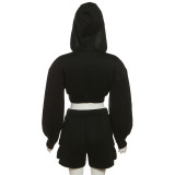 Solid Hooded Short Sweatshirt And Shorts Sport 2 Piece Set XEF-35062