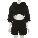 Solid Hooded Short Sweatshirt And Shorts Sport 2 Piece Set XEF-35062