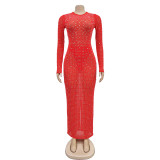 Mesh See Through Long Sleeve Hot Drill Maxi Dress BY-6505