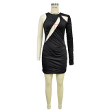 Solid Single Shoulder Long Sleeve Mini Dress BY-6638