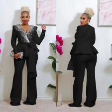 Plus Size Solid Long Sleeve Patchwork Blazer Two Piece Pants Set BY-6648