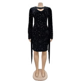 Solid Color Sequin Tassel Long Sleeve Mini Dress BY-6611