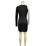 Solid Single Shoulder Long Sleeve Mini Dress BY-6638