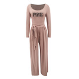 PINK Letter Print Knits Tie Up Tops Loose Two Piece Pants Set XMF-312