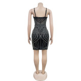 Solid Color Mesh Hot Drill Sling Mini Dress BY-6642