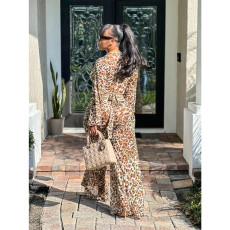 Leopard Print Deep V Neck Long Sleeve Wide Leg Jumpsuit BY-X6610