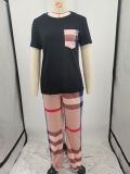 Plus Size Stripe Plaid Print Short Sleeve Two Piece Pants Set YIM-366