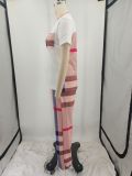 Plus Size Stripe Plaid Print Short Sleeve Two Piece Pants Set YIM-366