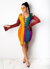 Color Block Tie Up Off Shoulder Tight Nightclub Dress YN-88912