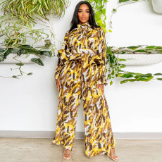 Fashion Print Lantern Sleeves Wide Leg Pants Two Piece Set YF-10618