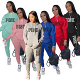 Plus Size PINK Letter Print Hooded Sweatshirt And Pants Sport Suit PluXMF-313