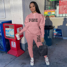 Plus Size PINK Letter Print Hooded Sweatshirt And Pants Sport Suit PluXMF-313