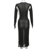 Hollow Out Knits Long Sleeve Maxi Dress XEF-33584
