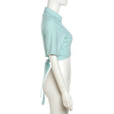 Solid Color Short Sleeve Tie Up Tops XEF-33701