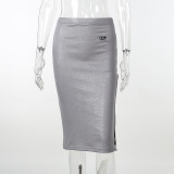 Metallic Color Patchwork Slim Split Skirt FL-YL23477MH