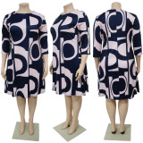 Plus Size Print 3/4 Sleeve Big Swing Casual Dress NNWF-7950