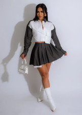 Fashion Lapel Neck Contrast Color Stripe Two Piece Skirts Set YSYF-7664