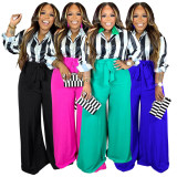 Plus Size Casual Stripe Shirt And Wide Leg Pants Two Piece Set NNWF-7946