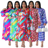 Plus Size Print Tie Up Pleated Maxi Dress NNWF-N7919
