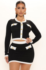 Ribbed Round Neck Contrast Color Long Sleeve 2 Piece Set ME-8259