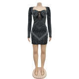 Solid Mesh Hot Drill Long Sleeve Mini Dress BY-6706