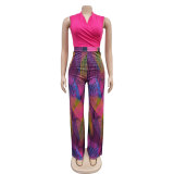 Colorful Printed V-Neck Sleeveless Pants Two Piece Set BY-6708