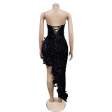Solid Color Backless Sequin Feather Dress BY-6713