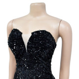 Solid Color Backless Sequin Feather Dress BY-6713