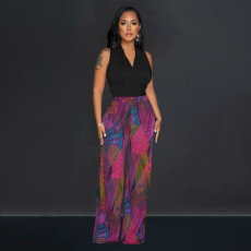 Colorful Printed V-Neck Sleeveless Pants Two Piece Set BY-6708